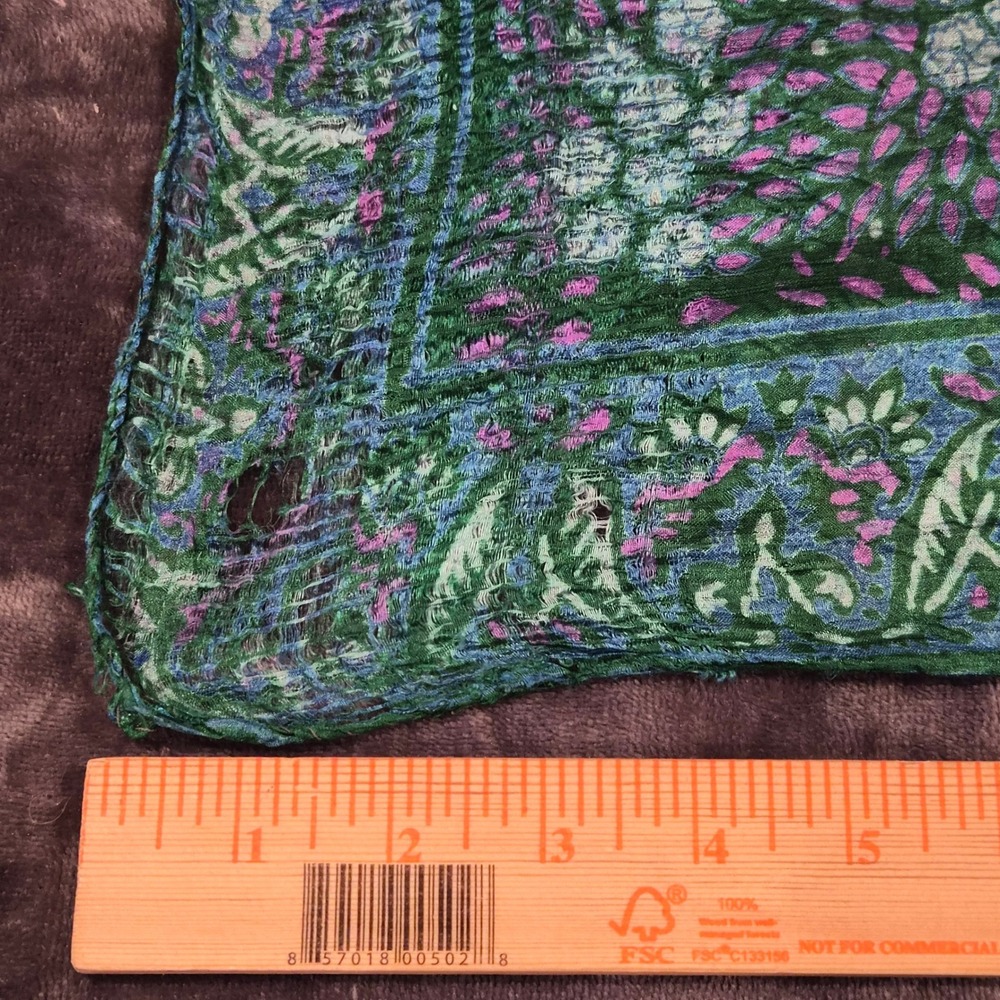 Vintage Silk Square Scarf Green Purple Floral Paisley Block Print 27x27 Thin - Picture 7 of 7